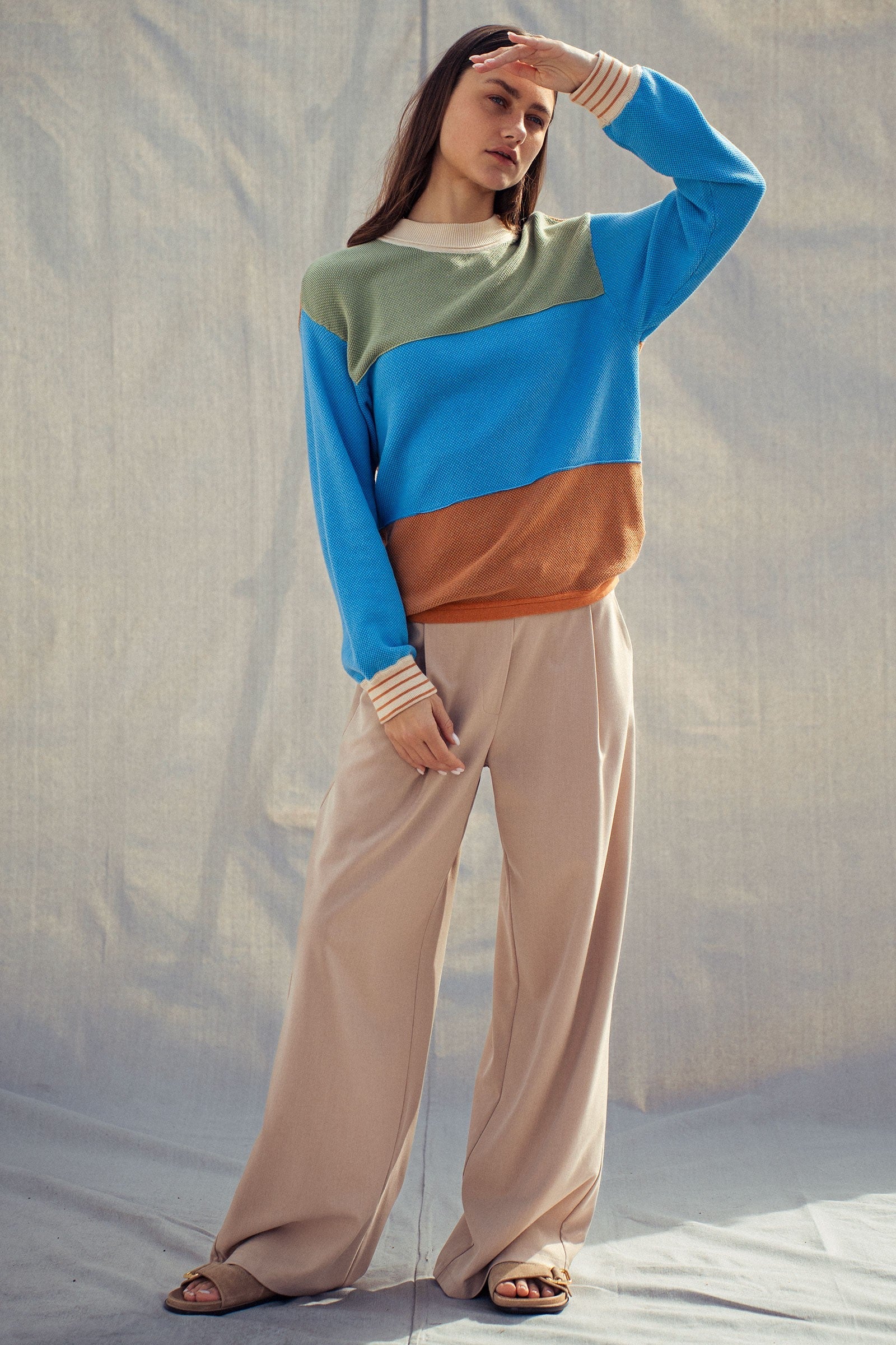 Colorblock Textured Knit Pullover – Relaxed Fit Cotton Sweater