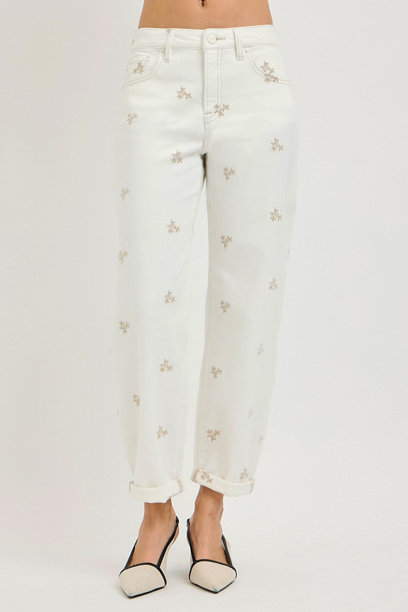 High Rise Embroidered Leaf Barrel Pants