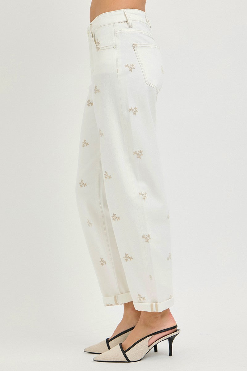 High Rise Embroidered Leaf Barrel Pants