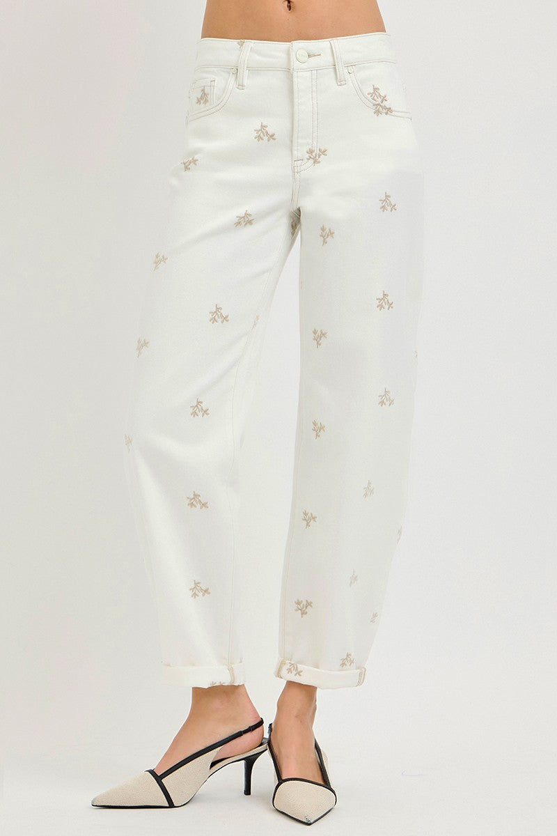 High Rise Embroidered Leaf Barrel Pants