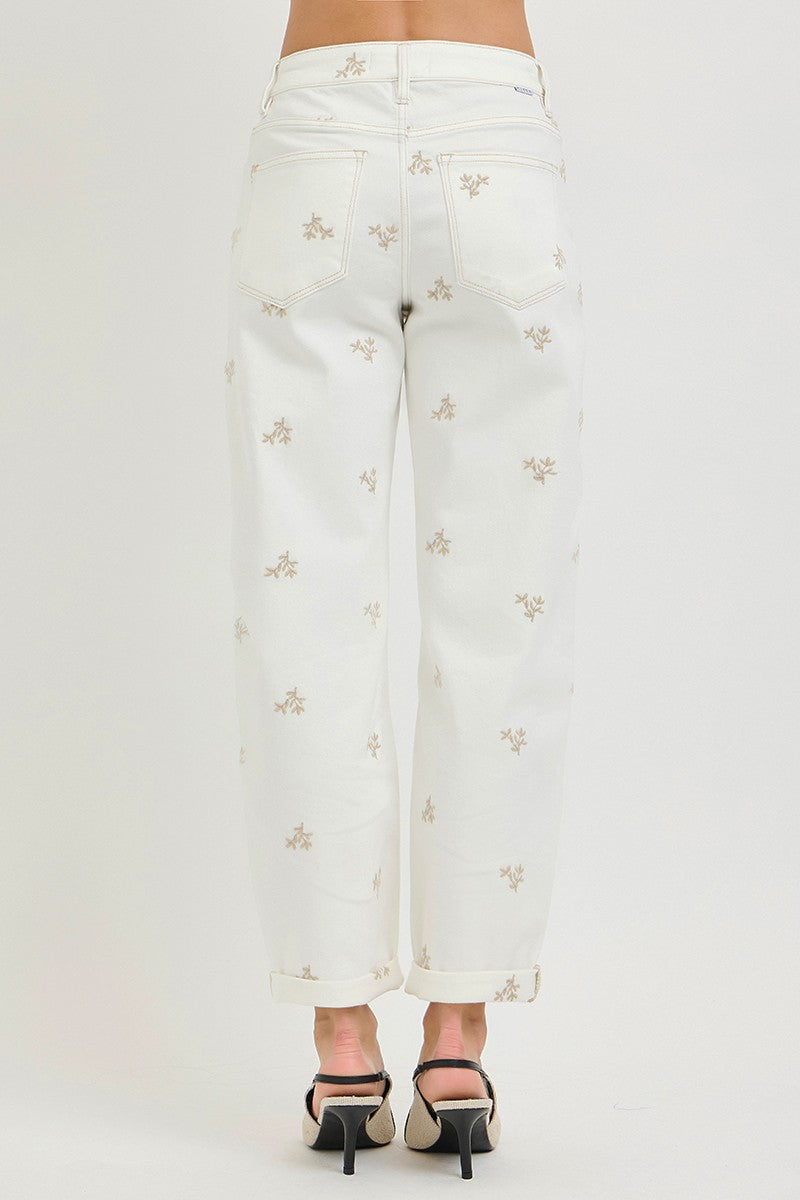 High Rise Embroidered Leaf Barrel Pants