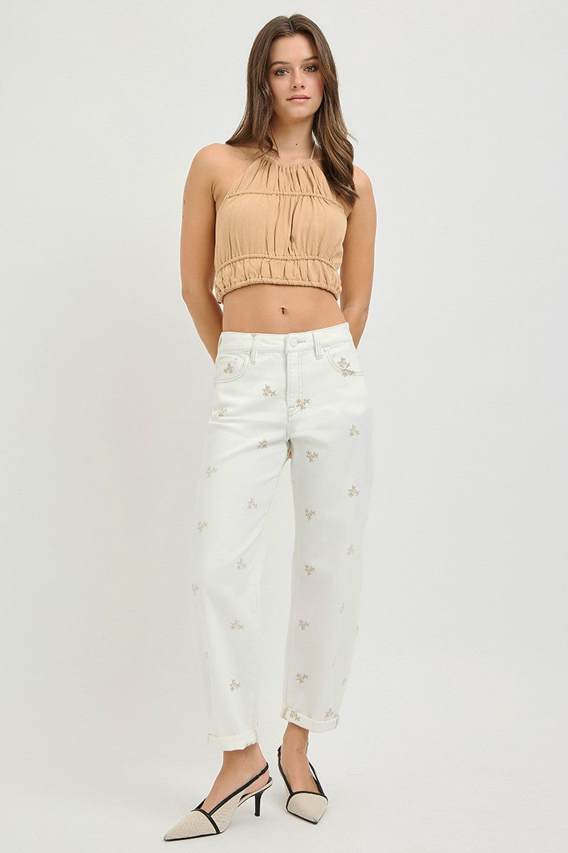 High Rise Embroidered Leaf Barrel Pants