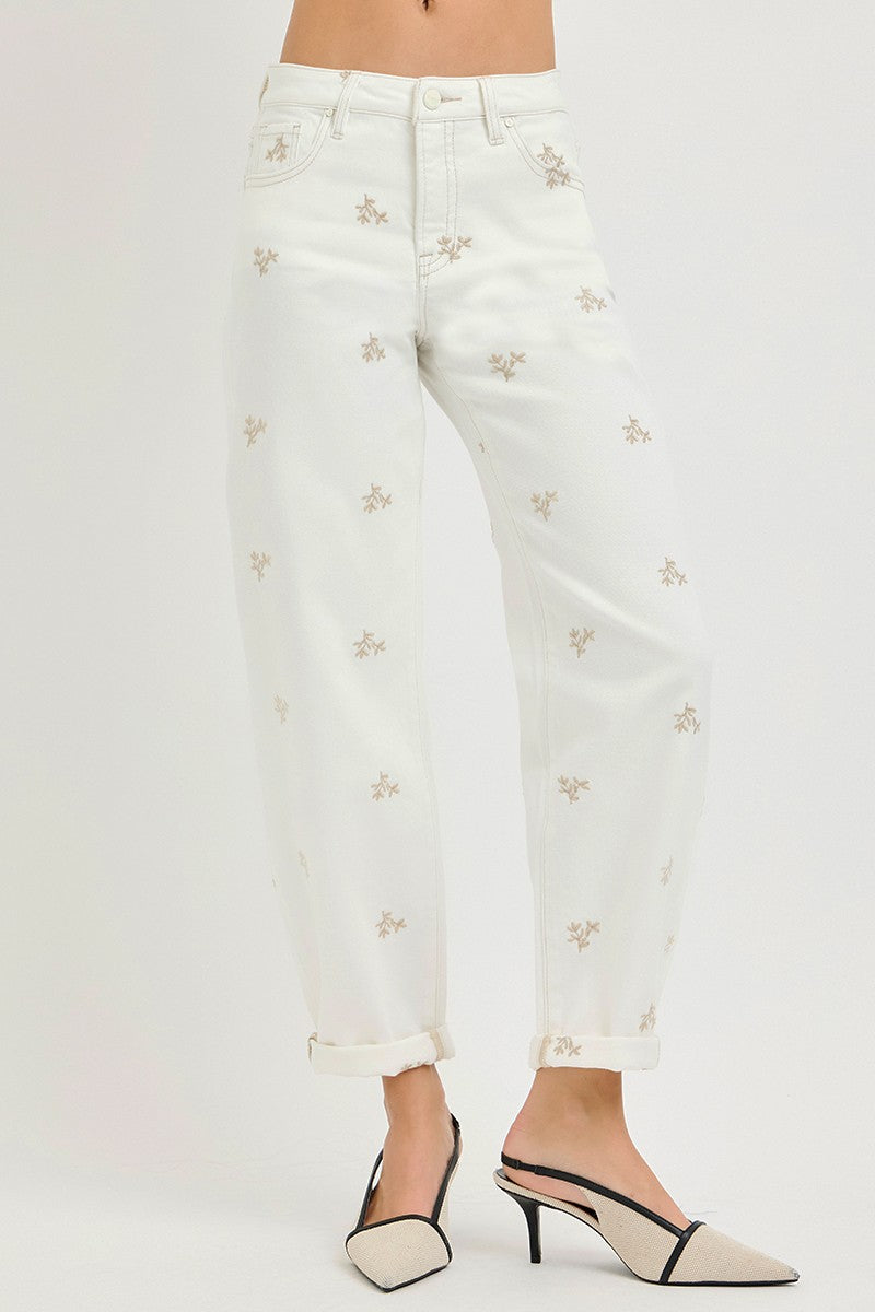 High Rise Embroidered Leaf Barrel Pants