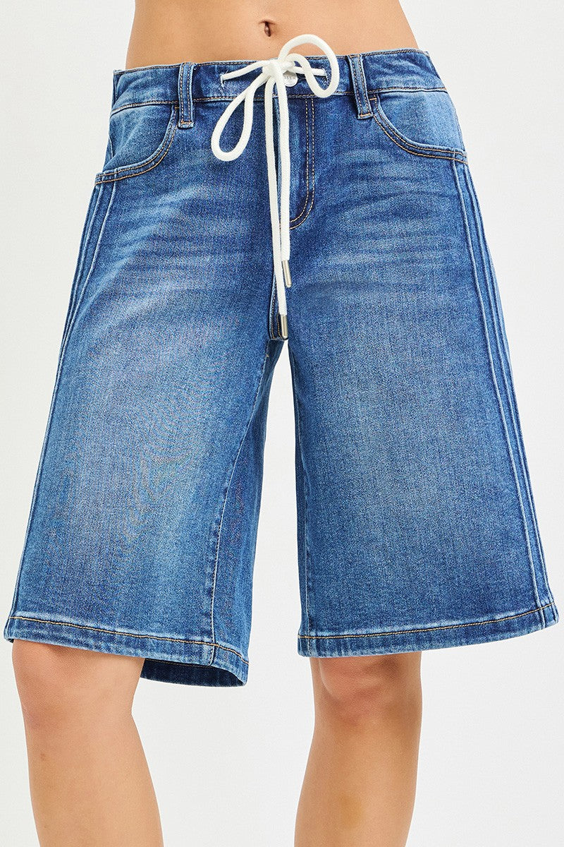 Elastic Waist Mid-Rise Relaxed Fit Jorts with Side Stripe Detail