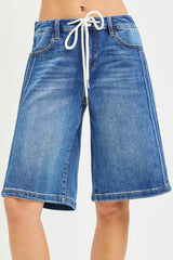 Elastic Waist Mid-Rise Relaxed Fit Jorts with Side Stripe Detail