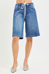 Elastic Waist Mid-Rise Relaxed Fit Jorts with Side Stripe Detail