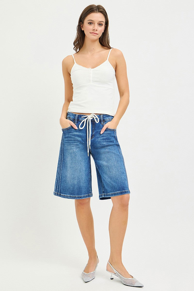 Elastic Waist Mid-Rise Relaxed Fit Jorts with Side Stripe Detail