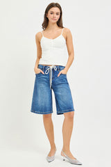 Elastic Waist Mid-Rise Relaxed Fit Jorts with Side Stripe Detail
