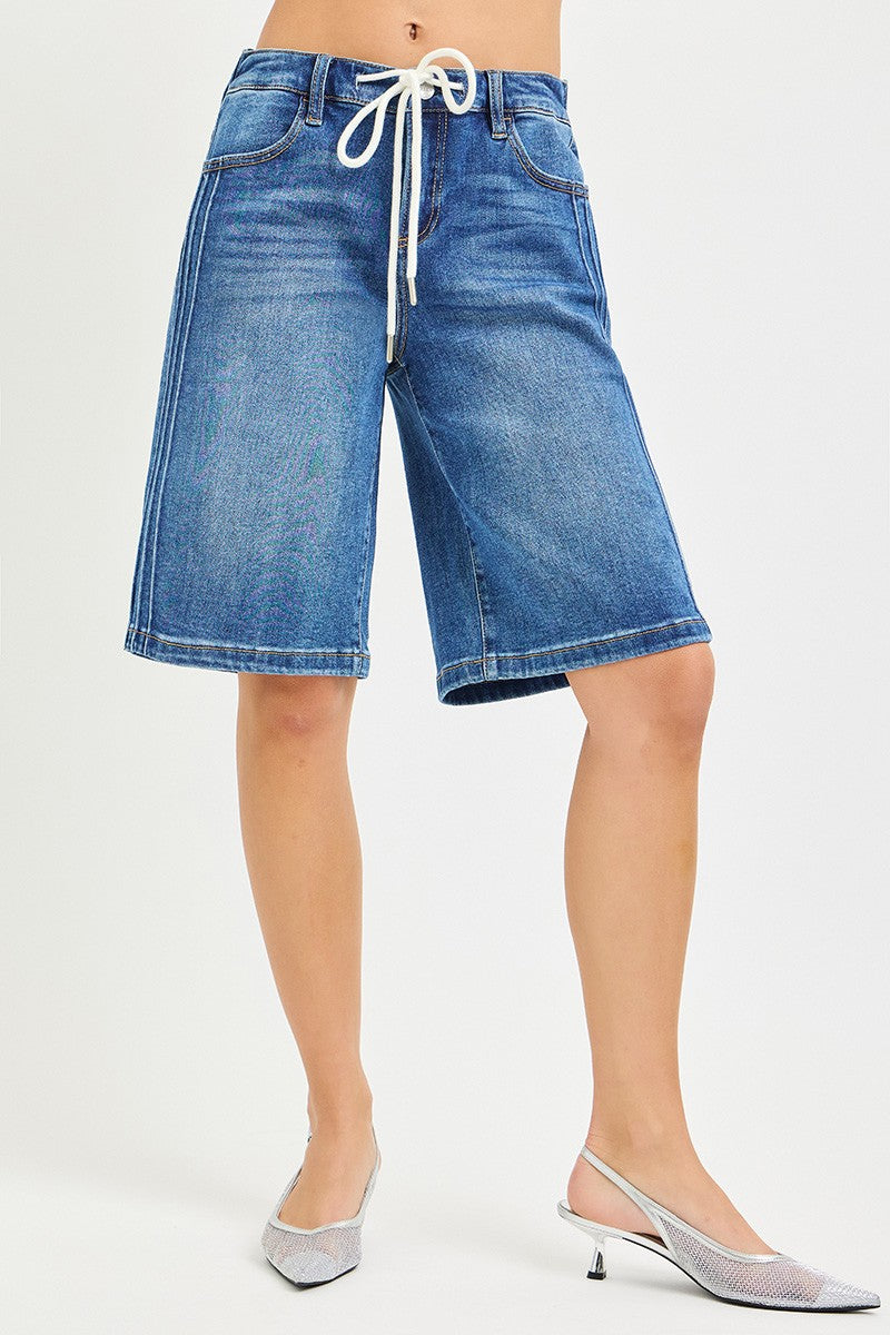 Elastic Waist Mid-Rise Relaxed Fit Jorts with Side Stripe Detail