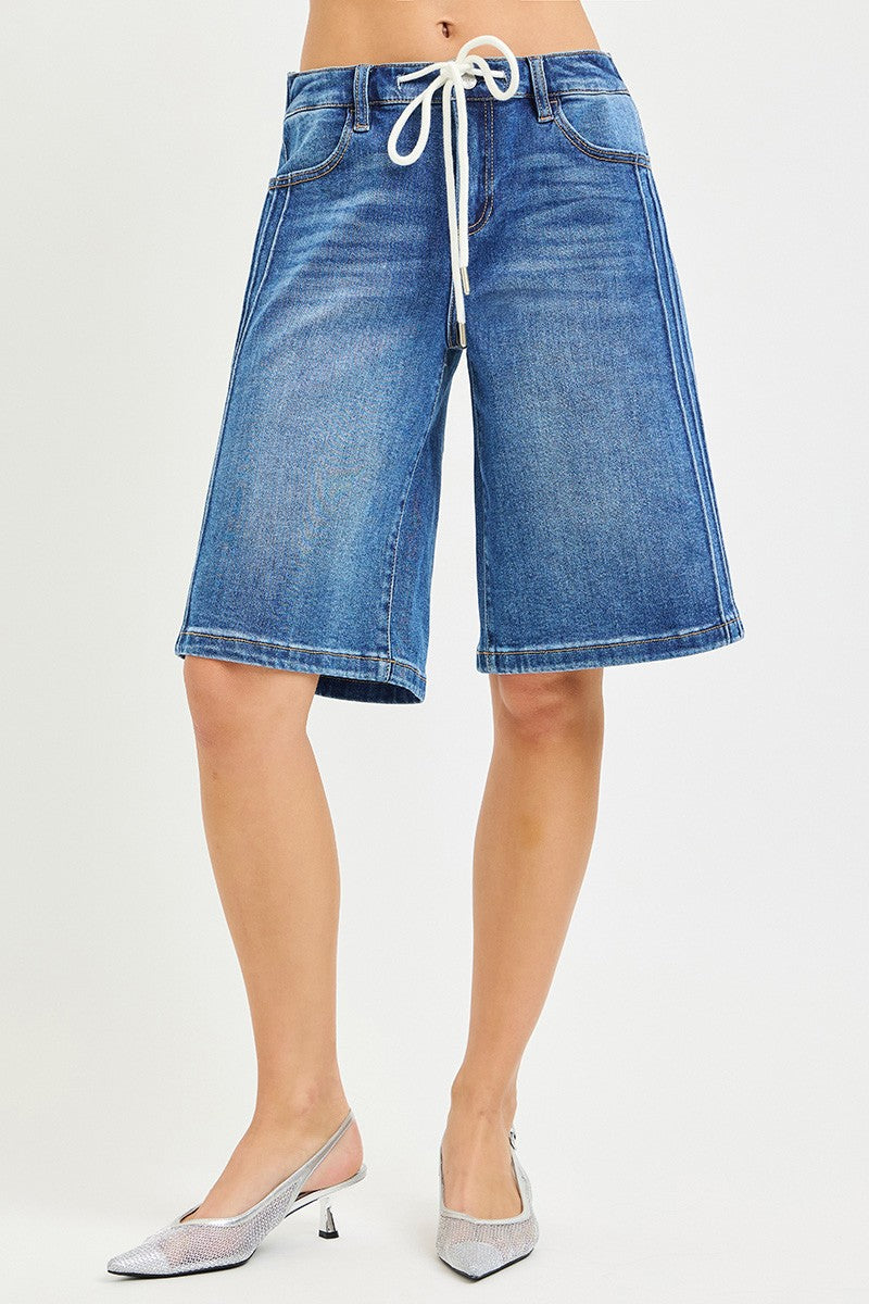 Elastic Waist Mid-Rise Relaxed Fit Jorts with Side Stripe Detail