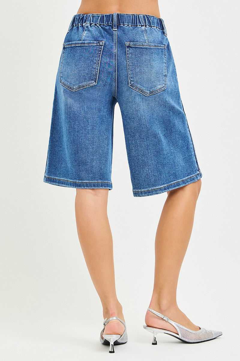 Elastic Waist Mid-Rise Relaxed Fit Jorts with Side Stripe Detail