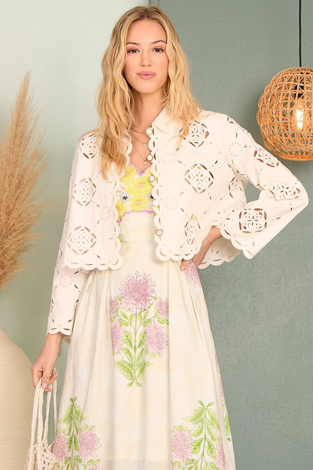 Ivory Scalloped Eyelet Button-Down Jacket