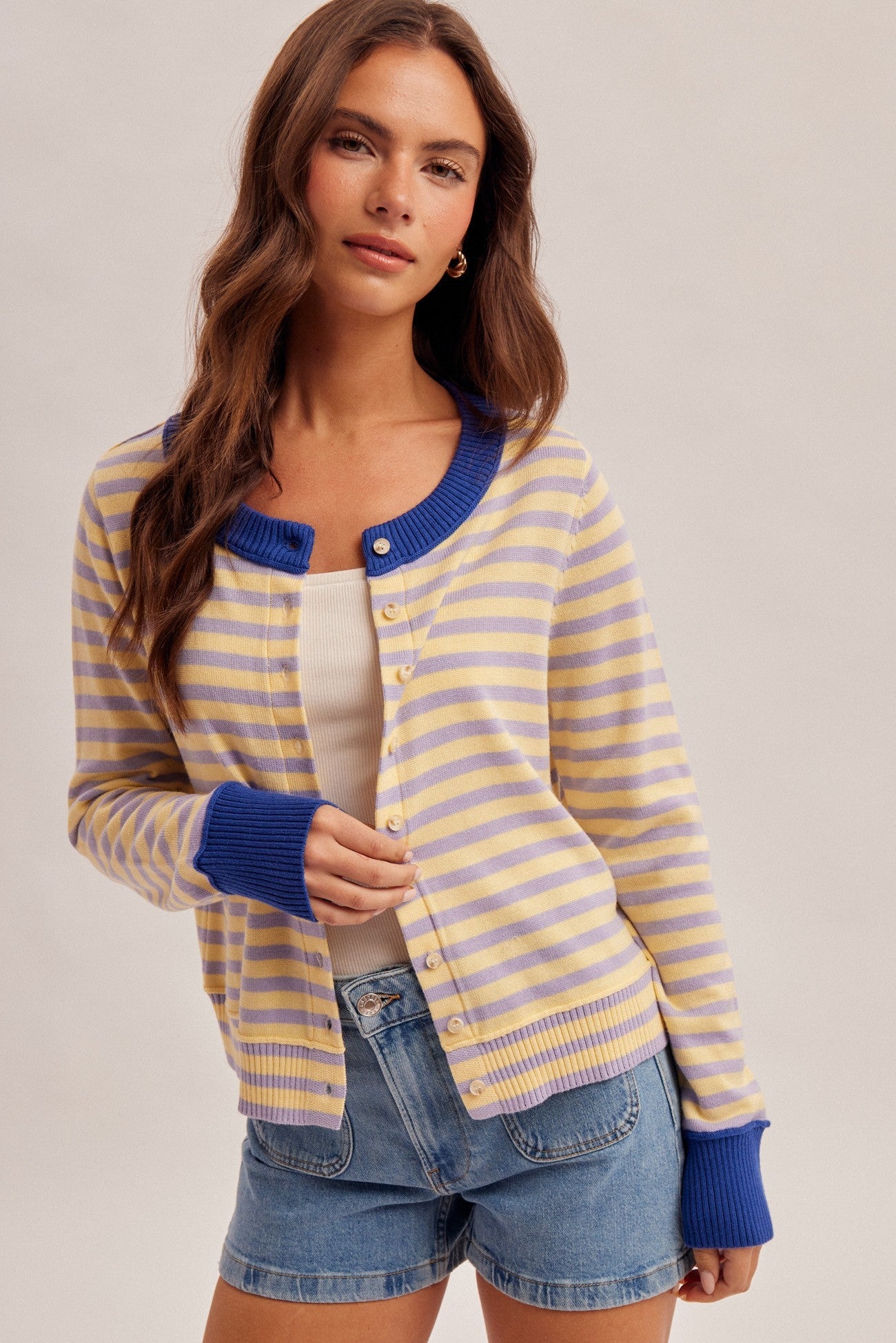 Color Block Stripe Button-Down Cardigan