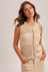 Mesh Stitch Button-Down Sleeveless Cardigan Sweater Top