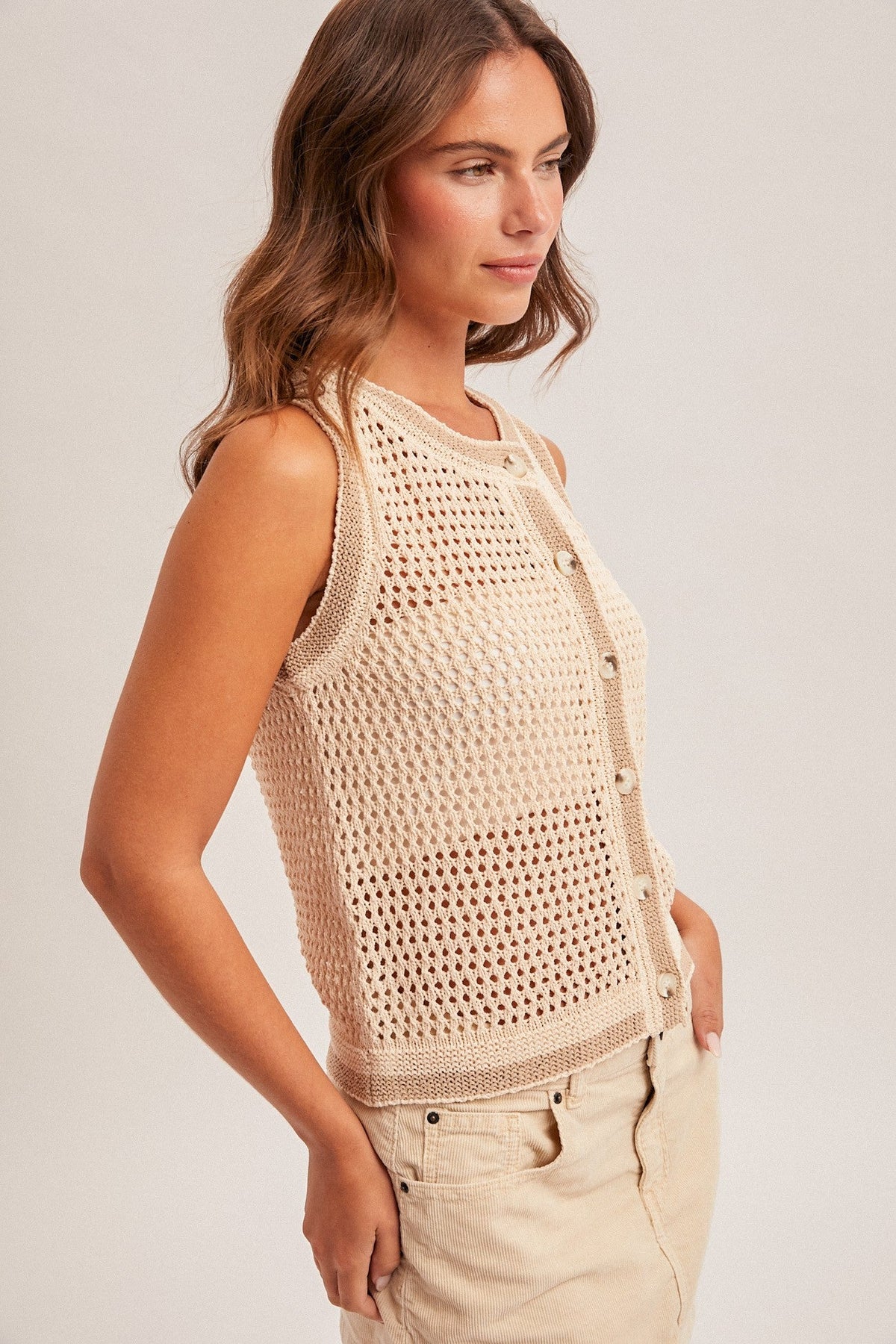 Mesh Stitch Button-Down Sleeveless Cardigan Sweater Top