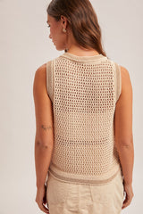 Mesh Stitch Button-Down Sleeveless Cardigan Sweater Top