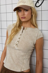 Acid Wash Henley Ribbed Knit Top