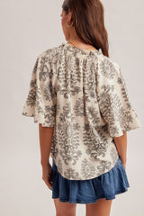 Boho Charm Printed Flutter Sleeve Blouse