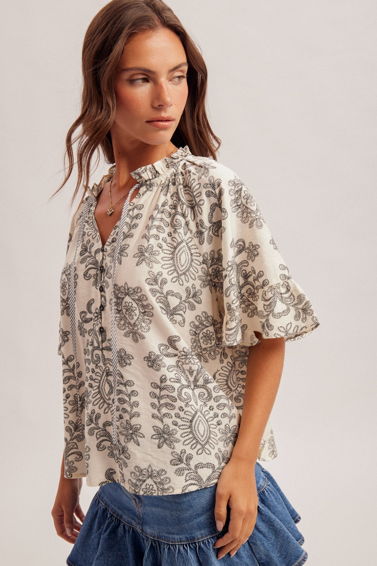 Boho Charm Printed Flutter Sleeve Blouse