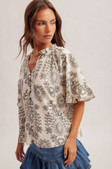 Boho Charm Printed Flutter Sleeve Blouse