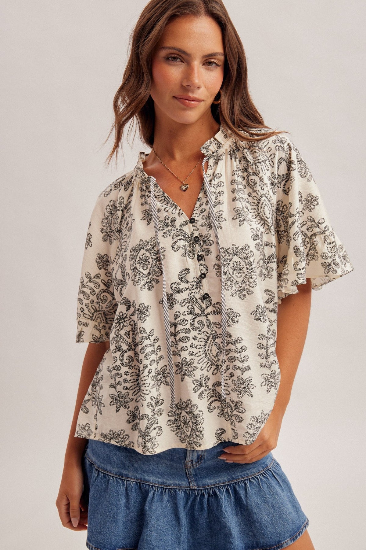 Boho Charm Printed Flutter Sleeve Blouse