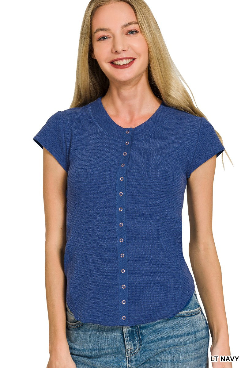 Double Knit Snap Button Short Sleeve Blouse
