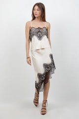 Contrast Lace Asymmetrical Satin Skirt