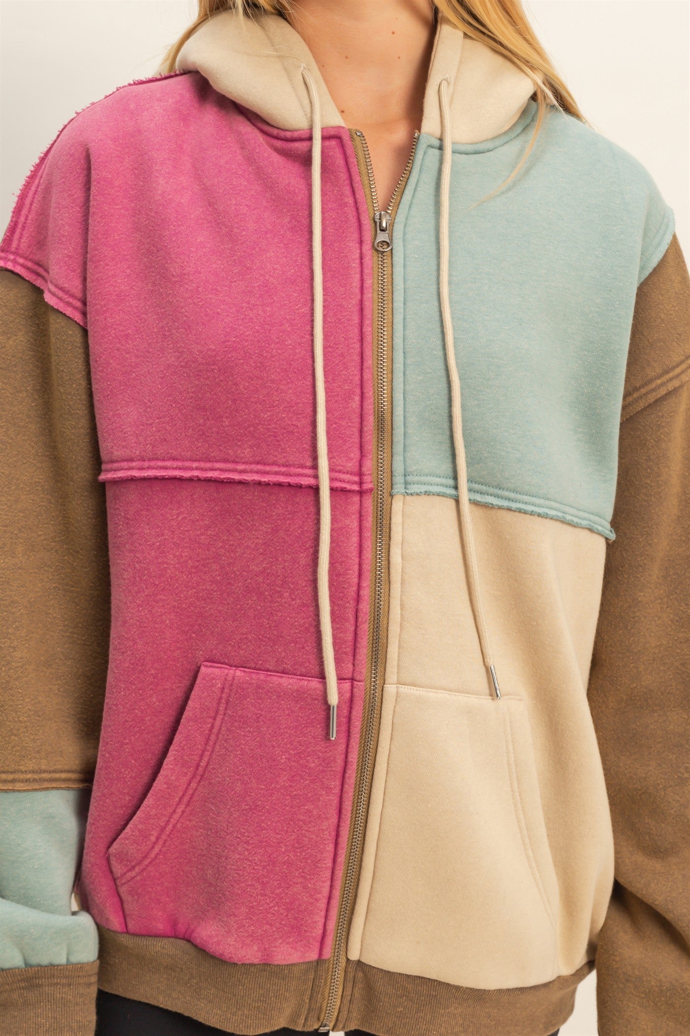 Mineral-Washed Colorblock Zip Hoodie