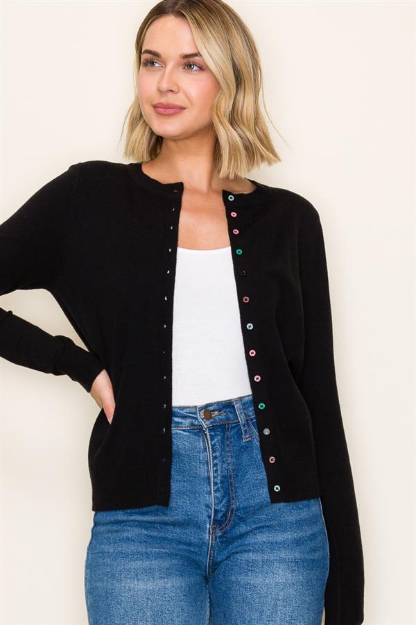 Multi-Color Button Crew Neck Cardigan