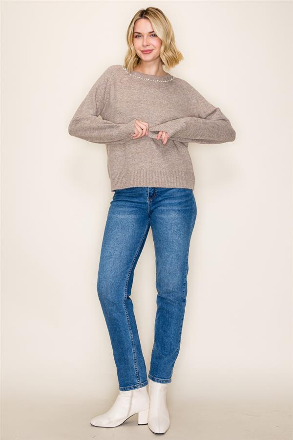 Pearl Trim Crewneck Sweater
