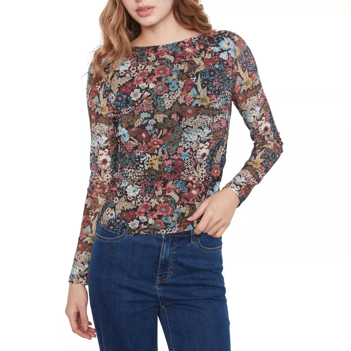 Printed Mesh Long Sleeve Boat Neck Blouse