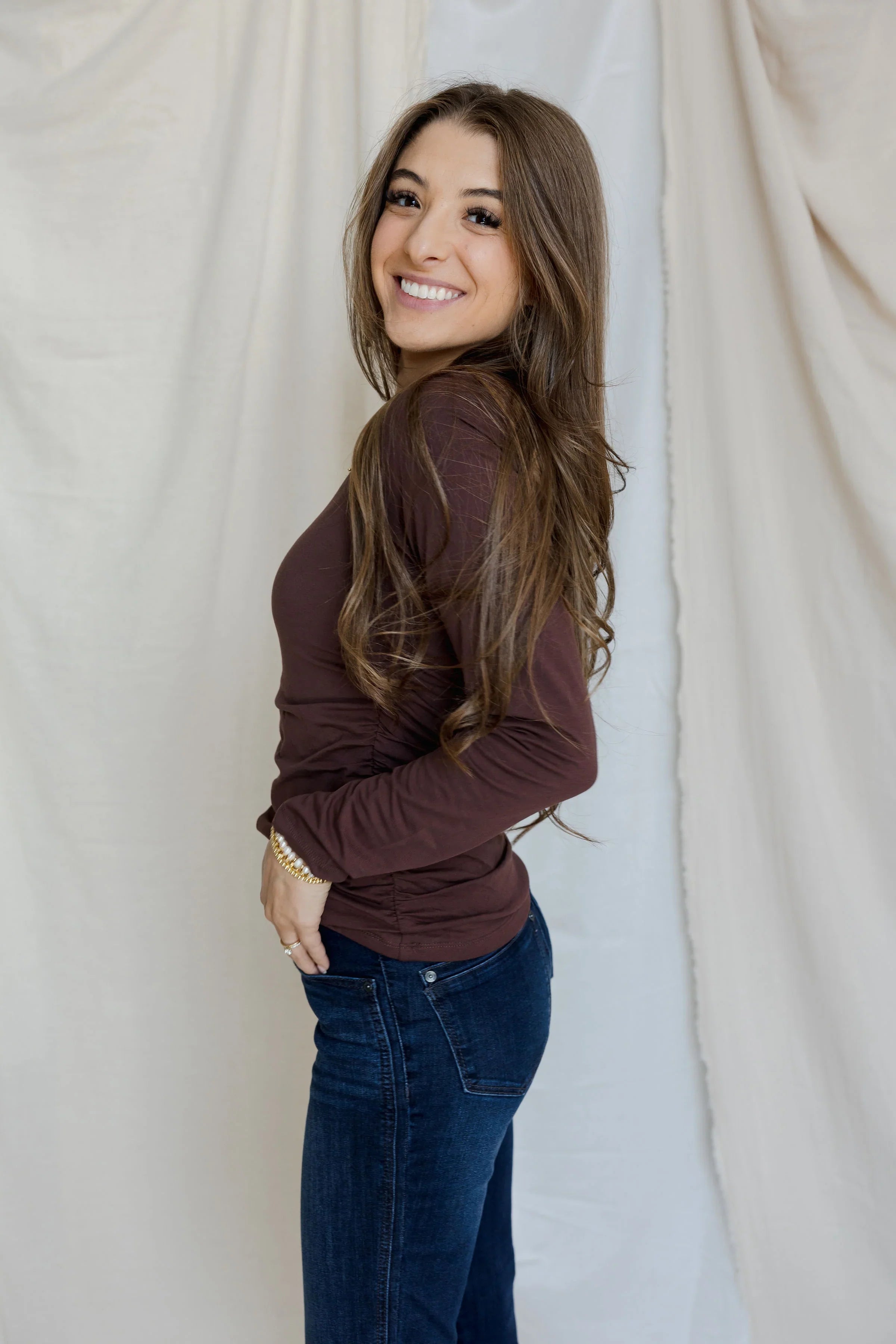 Mac & Me Ruched Double-Layer Long Sleeve Top