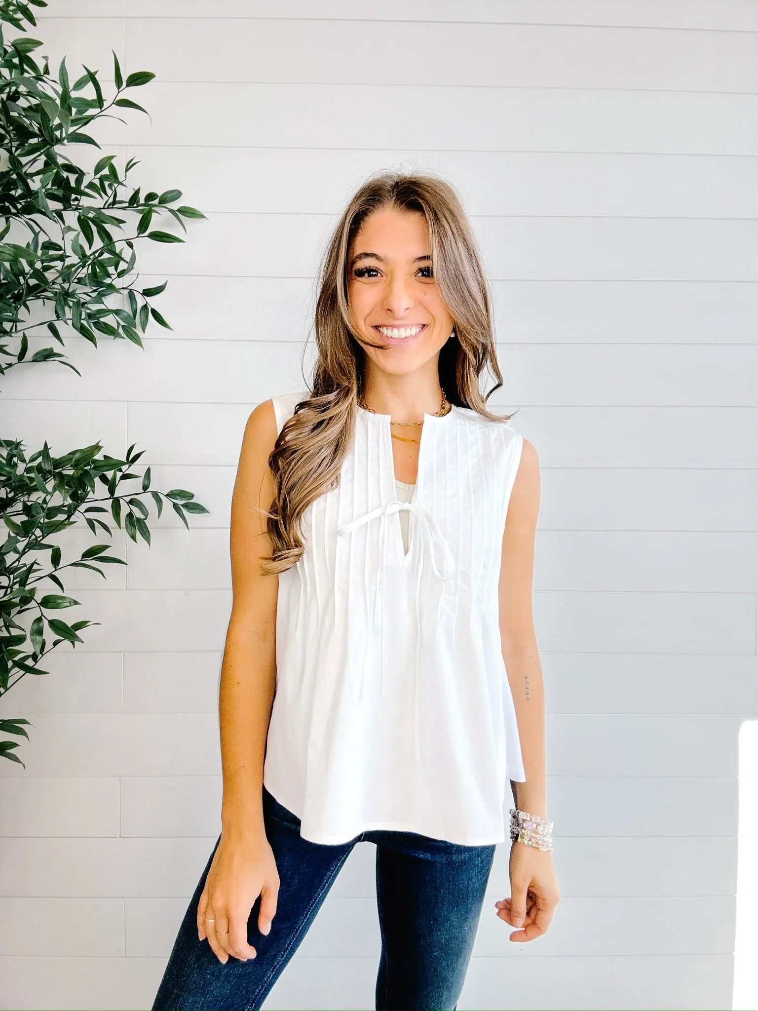 Mac and Me Woven Detail Tie Front Top