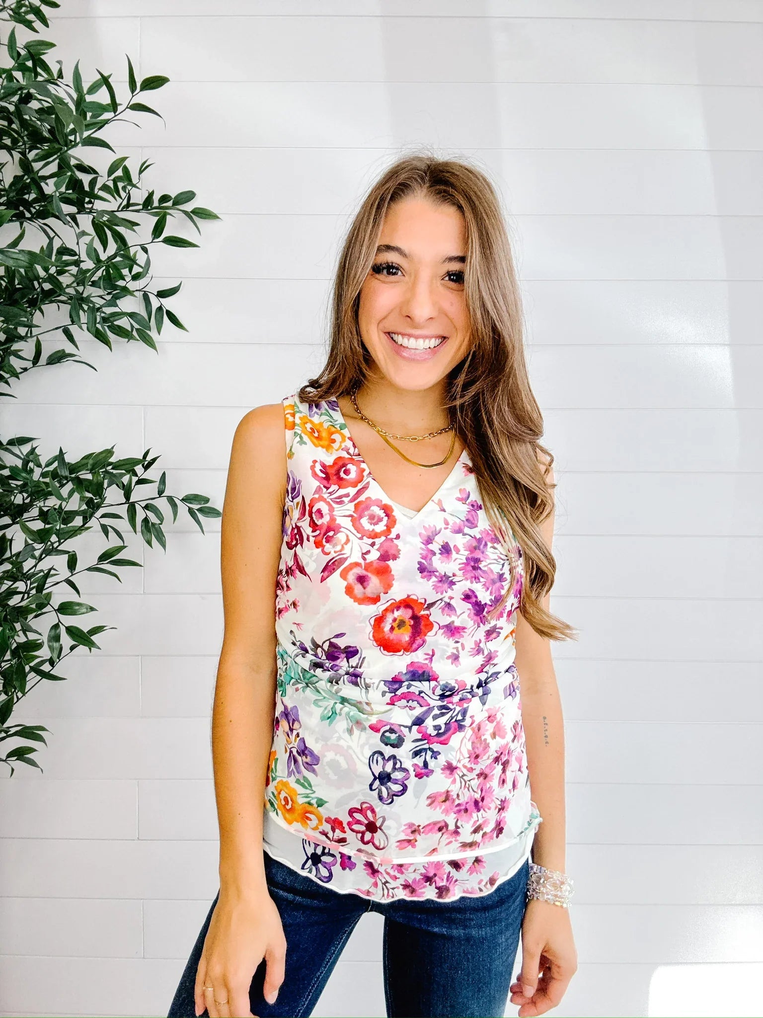 Mac and Me Printed Mesh Scalloped Edge Top