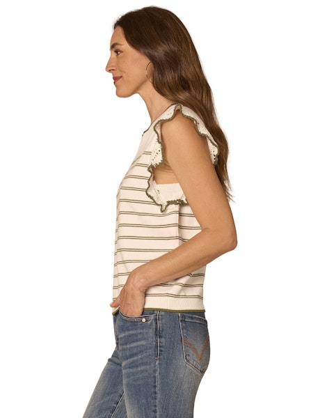 Crochet Ruffle Sleeve Stripe Sweater Tank
