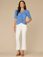Ruched Puff Sleeve V-Neck Top in Provence Blue