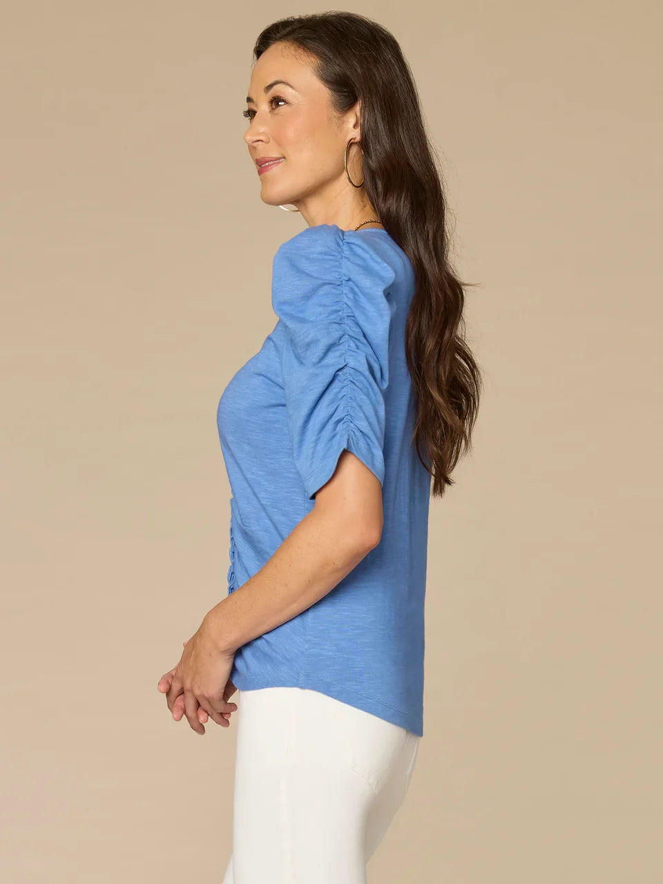 Ruched Puff Sleeve V-Neck Top in Provence Blue