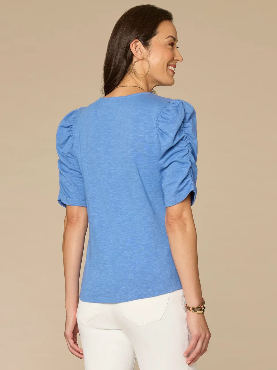 Ruched Puff Sleeve V-Neck Top in Provence Blue