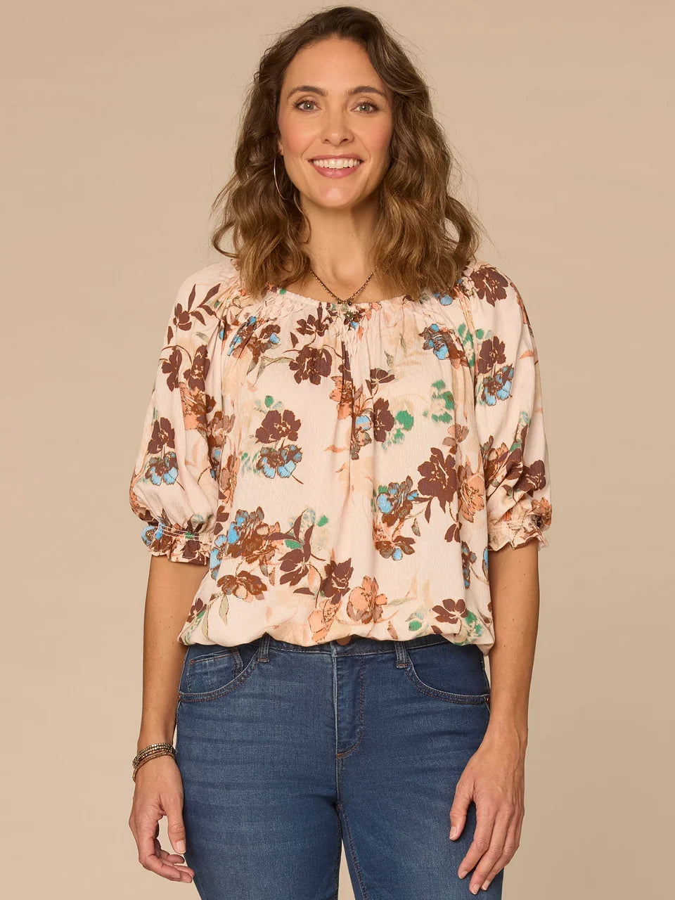 Elbow Blouson Sleeve Scoop Neck Bubble Hem Floral Print Woven Top