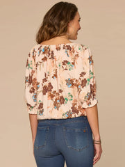 Elbow Blouson Sleeve Scoop Neck Bubble Hem Floral Print Woven Top