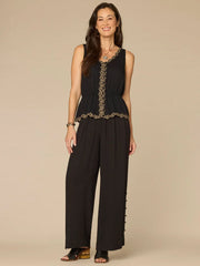 Embroidered Scallop Peplum Top in Black