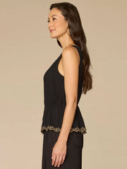 Embroidered Scallop Peplum Top in Black