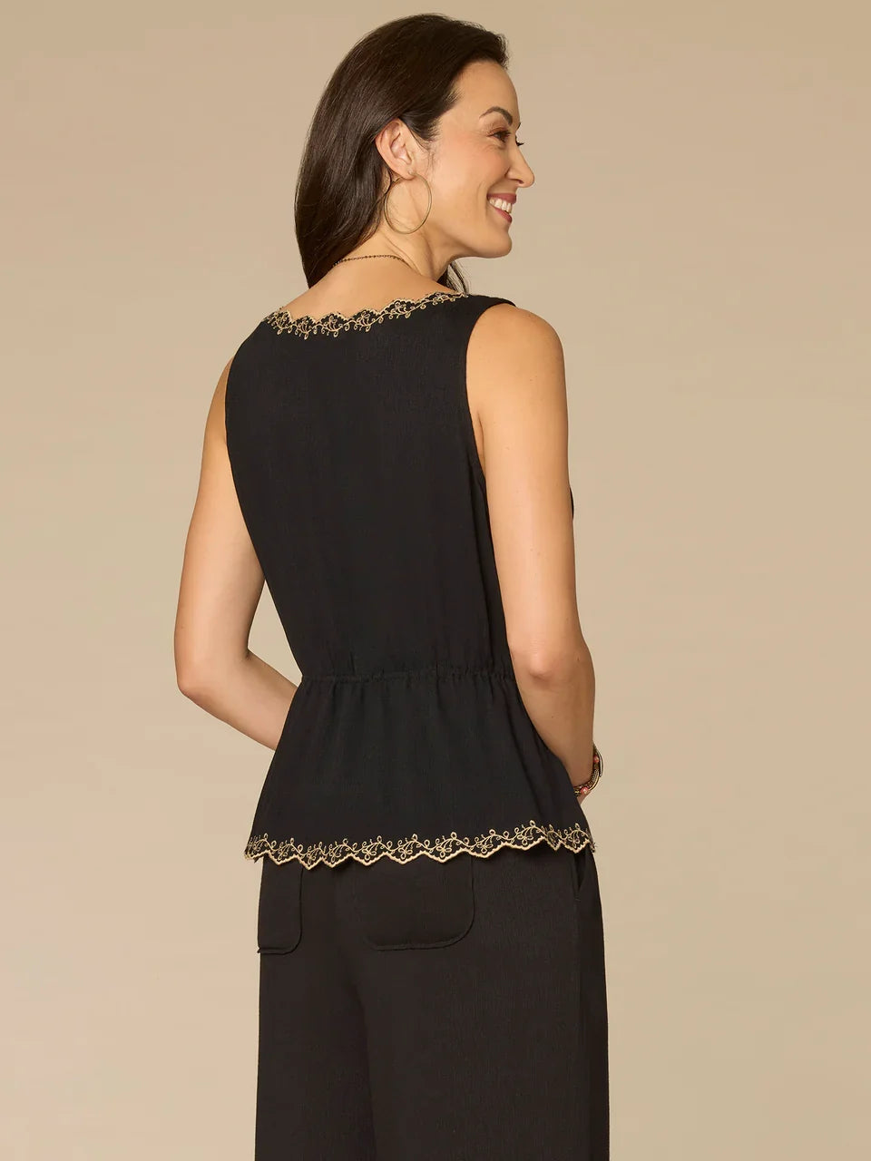 Embroidered Scallop Peplum Top in Black