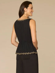 Embroidered Scallop Peplum Top in Black