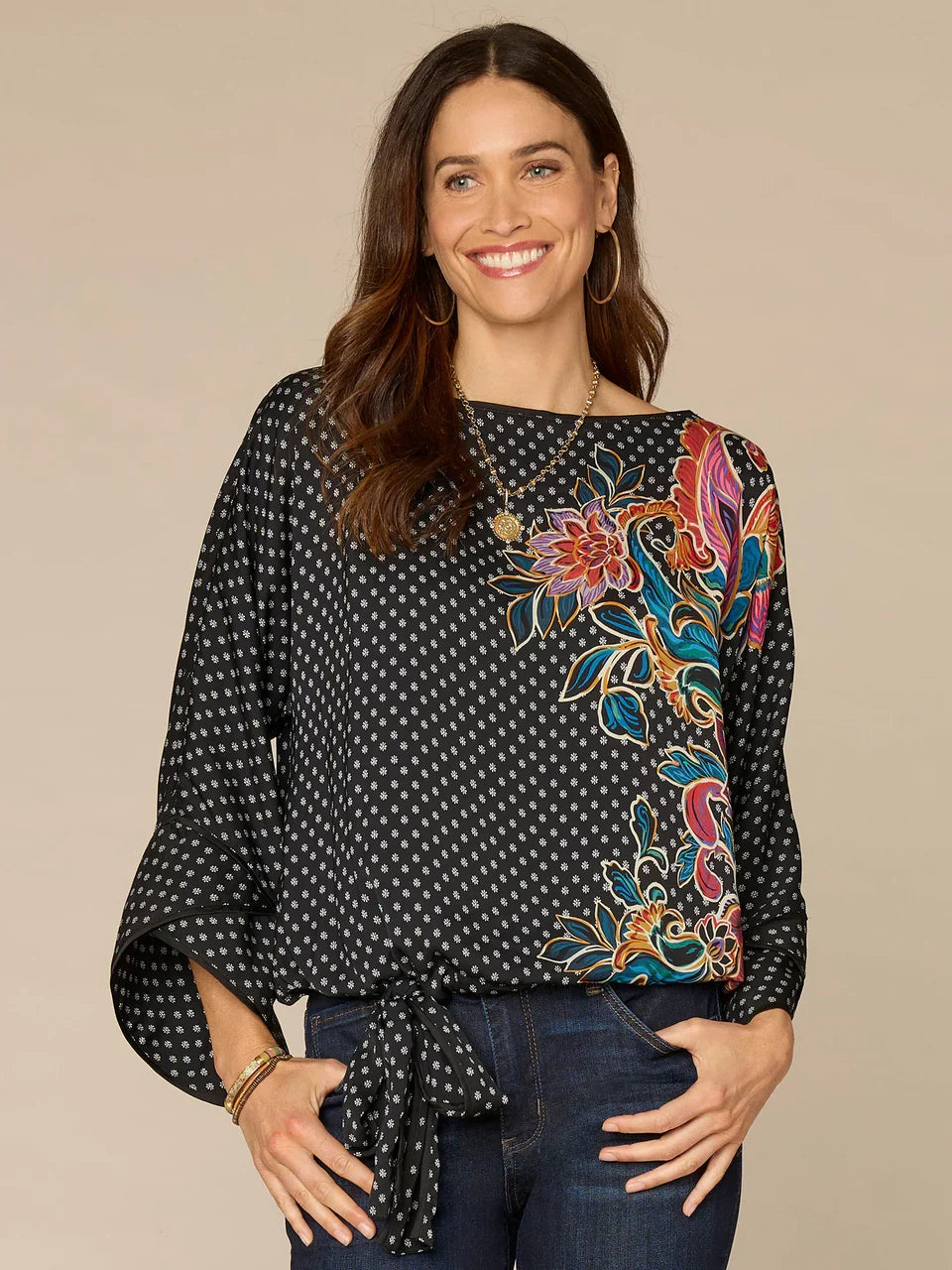 Abstract Placement Print Dolman Sleeve Top