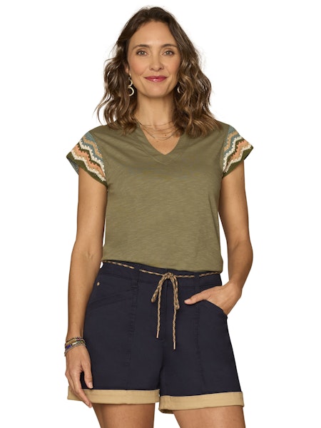Crochet Cap Sleeve Notched Neck Knit Top
