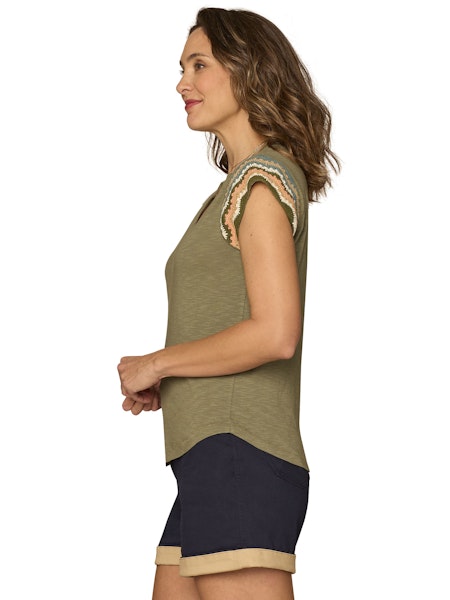 Crochet Cap Sleeve Notched Neck Knit Top