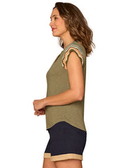 Crochet Cap Sleeve Notched Neck Knit Top