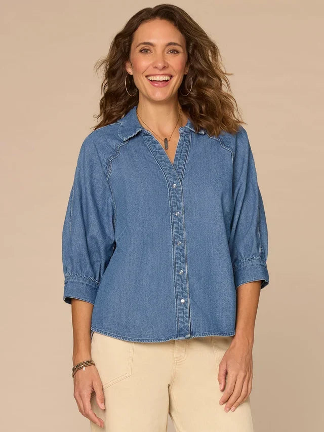 Below Elbow Sleeve Scallop Collar Snap Button Down Woven Denim Top
