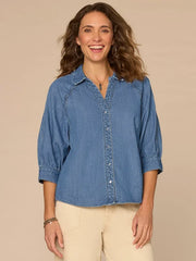 Below Elbow Sleeve Scallop Collar Snap Button Down Woven Denim Top